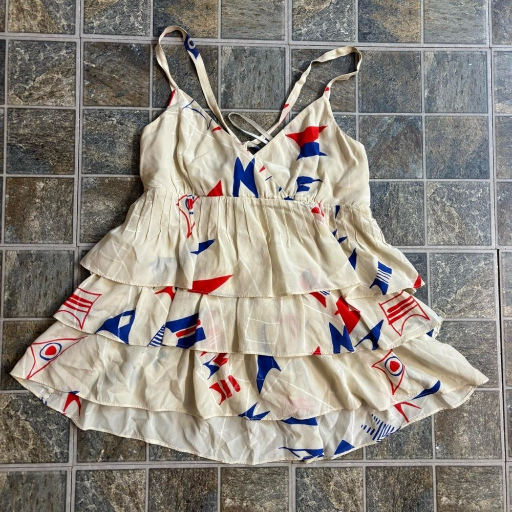 100% silk shell Layered babydoll top Cream with Red and Blue Patterns